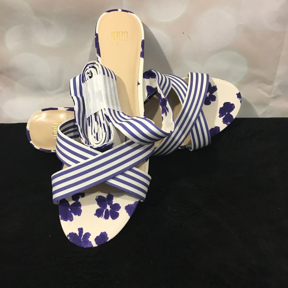 CaBi Blue and White Floral/Striped Tie Up Sandals - Picture 3 of 9